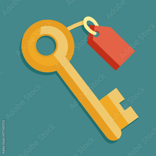 Gold key with tag. Security, real estate concept image. Cartoon vector illustration