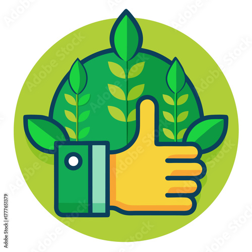 Thumbs up against green leaves. Eco organic concept. Flat vector illustration
