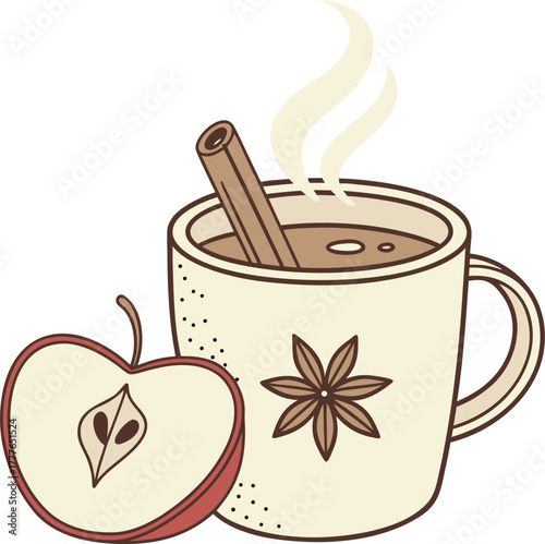 Illustration of apple cider with cinnamon stick and star anise