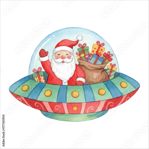 Watercolor Santa Claus Flying a UFO Full of Christmas Gifts, Funny Holiday Illustration
