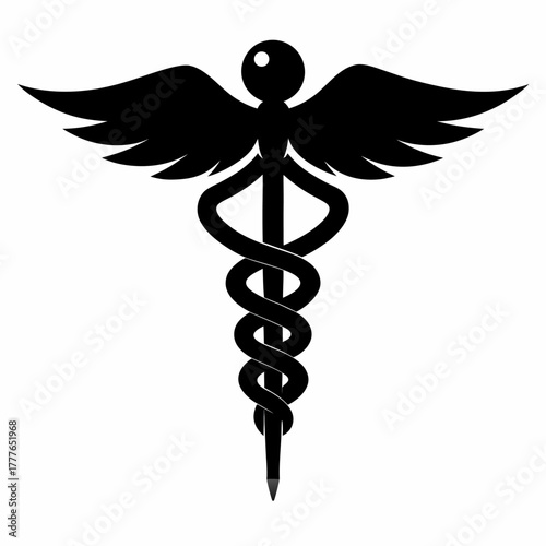 Flat design silhouette illustration of the caduceus symbol representing medicine commerce and healing presented in a clean vector graphic