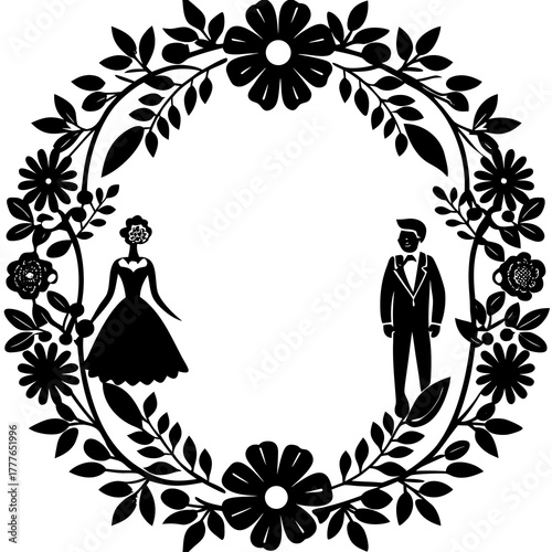 Elegant wedding floral frame design with delicate botanical elements in a classic silhouette style on a white background