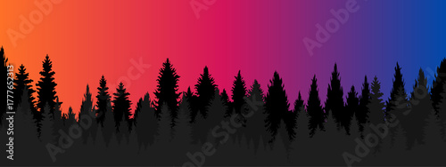 Sunset forest silhouette, vibrant orange and purple gradient sky, pine trees landscape vector banner