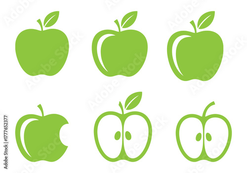   green apple icon set whole and split on a half. Apple slice vector illustration. Ripe apple core with seeds symbol. Colorful healthy food sign. Piece of apple pictogram or glyph isolated.
