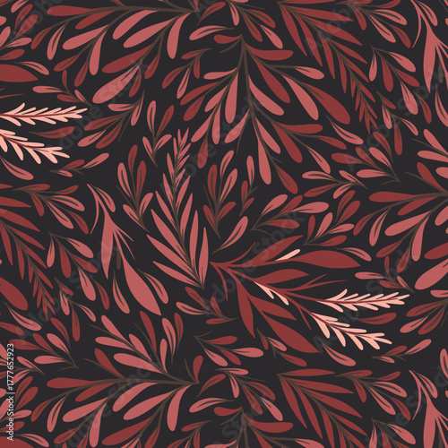 Elegant Autumn Botanical Foliage Pattern with Copper Leaves on Dark Background – Warm Natural Seamless Design for Fabric, Wallpaper and Stationery