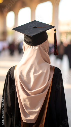 Graduate in hijab wearing cap and gown at graduation ceremony.