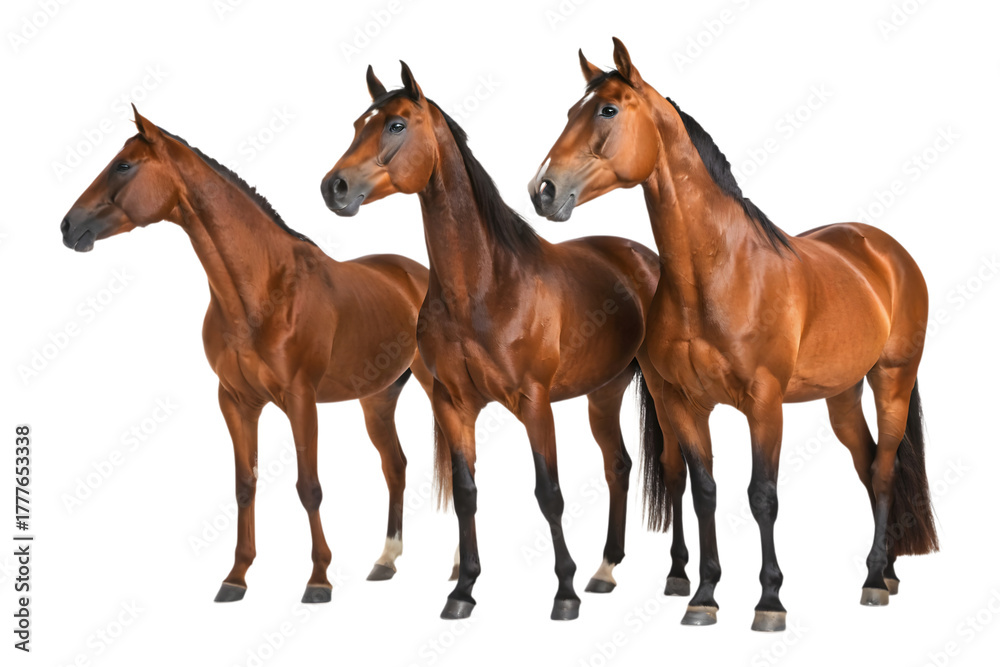 Obraz premium Three brown horses standing closely together in a group with a transparent background