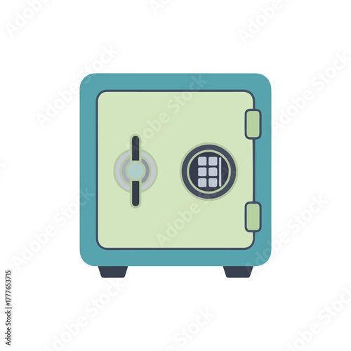 A light green and blue safe with a dial and keypad