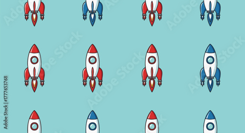A colorful vector pattern featuring cartoon rocket ships. The rockets are red, white and blue, and arranged on a mint green background