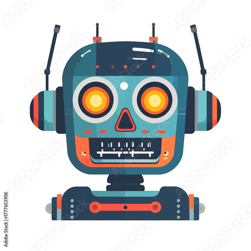 Retro Robot Head With Glowing Orange Eyes And Antennas Against White Background