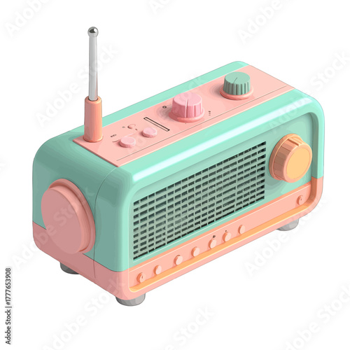 Retro Style Portable Radio With Mint Green And Pink Accents And A Chrome Antenna On White Background