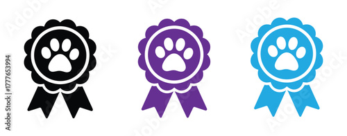 Award ribbon with paw print icon for pet achievement and veterinary care vector illustration.