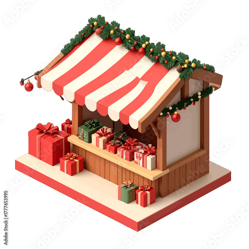 Christmas market stall with red and white striped awning displaying gifts and holiday decorations with festive lights and garlands in a winter setting