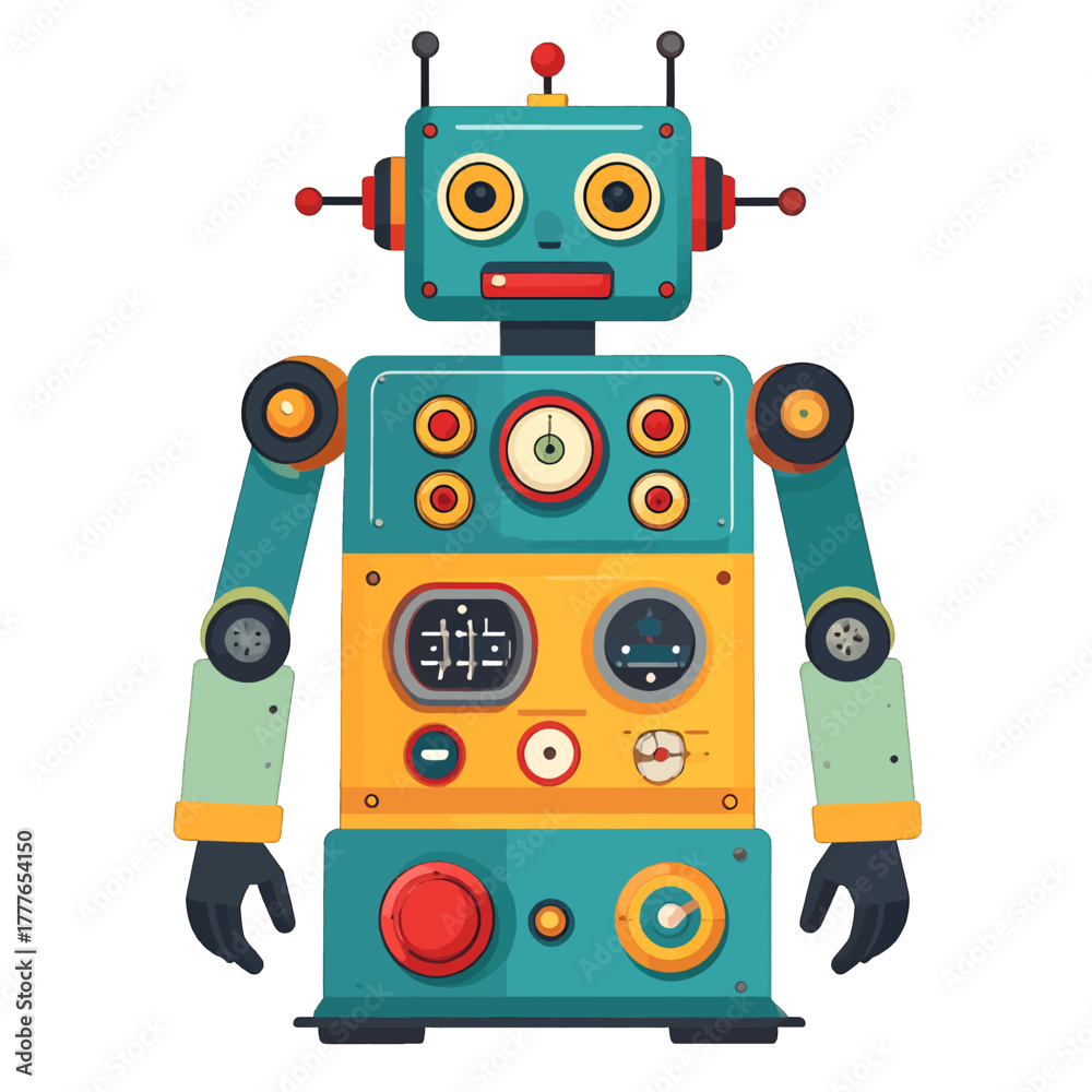 Naklejka premium Retro Teal and Yellow Robot With Vintage Style and Cartoonish Features Standing Against White Background