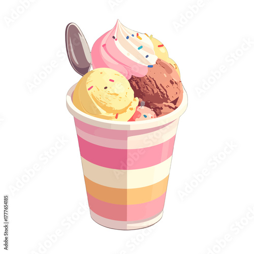 Pixel Art Ice Cream Sundae in Striped Cup with Spoon and Sprinkles Pink Yellow Brown Scoops Sweet Dessert Treat