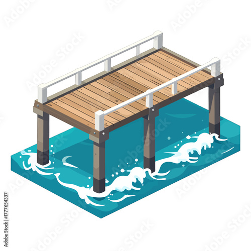 Pixel Art Wooden Pier Extending Over Blue Water With Gentle Waves And White Railings On A Sunny Day