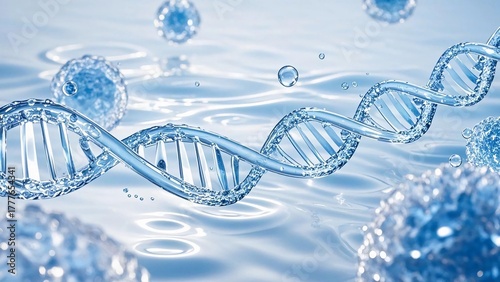 A gradient of blue and white with water droplets, bubbles, and liquid waves floating, forming the shape of a DNA chain.
