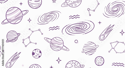 A playful doodle pattern featuring purple line art of planets, galaxies, comets, and constellations on a white background