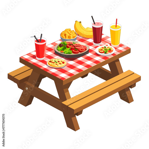 Pixel Art Picnic Table with Red Gingham Cloth and Food Items including Fruit and Drinks