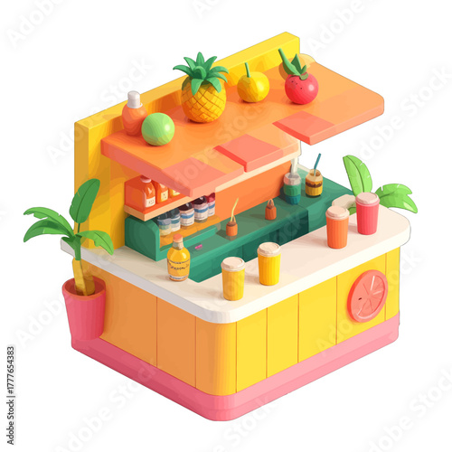 Isometric Juice Bar Stand With Tropical Fruits And Colorful Drinks On White Background