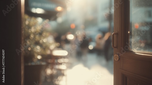 Fototapeta Naklejka Na Ścianę i Meble -  Close-up of a wooden door with a handle and a glass window. the door is open and the background is blurred, but it appears to be a busy street with people walking on the sidewalk.