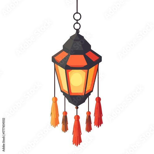 Pixel Art Hanging Lantern with Orange and Black Tassels and Warm Light on White Background