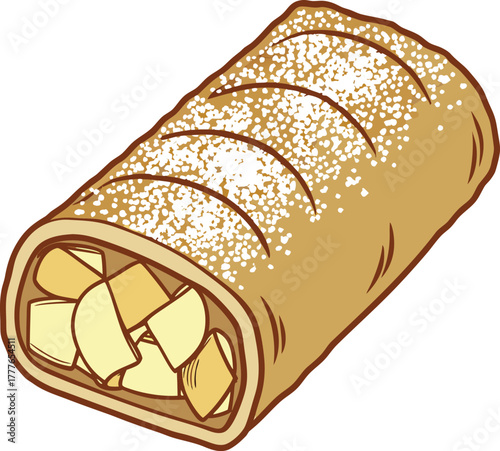 Freshly baked apple strudel dusted with powdered sugar