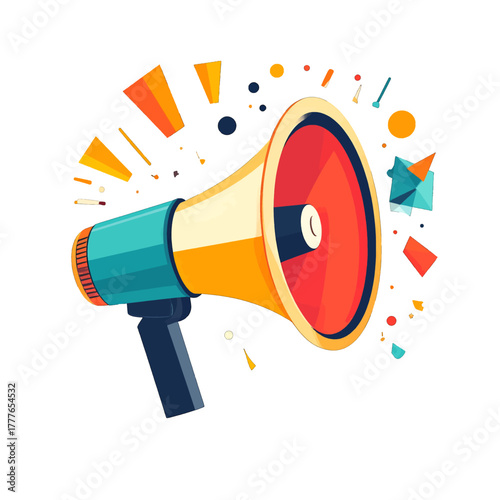 Retro Megaphone Device Broadcasting Loud Announcement With Abstract Colorful Shapes Explosion And Confetti In Studio Lighting