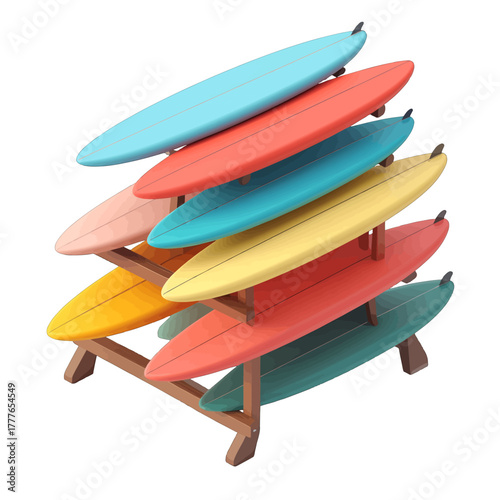 Colorful Surfboards Arranged on a Wooden Rack During Daytime
