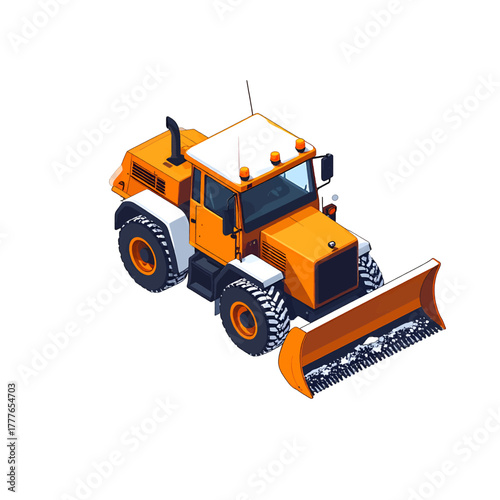 Orange snow plow vehicle with a white cab and large tires on a white background isometric view