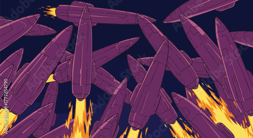 A swarm of purple rockets launches into the dark night sky, leaving trails of fire and smoke. This dynamic scene depicts power and rapid ascent