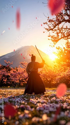 Silhouette of warrior with katana sword stands in field with mountain and pink blossoms
