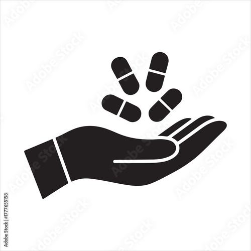 Minimal hand with capsules symbol representing healthcare, medical treatment, and pharmaceutical medicine concept illustration