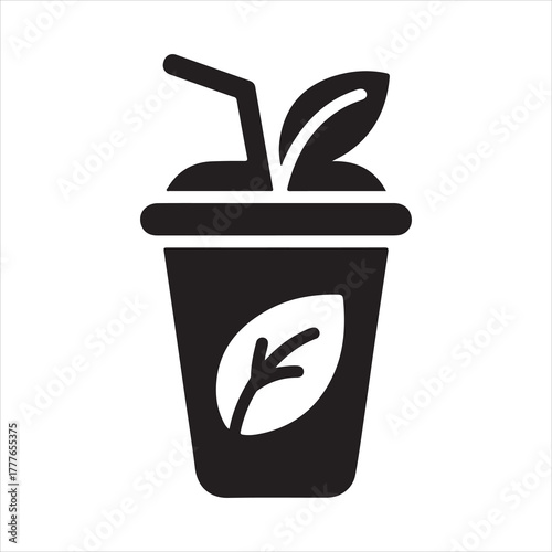 Minimal eco drink cup icon with leaf and straw symbolizing organic beverage, green lifestyle, and sustainable refreshment design