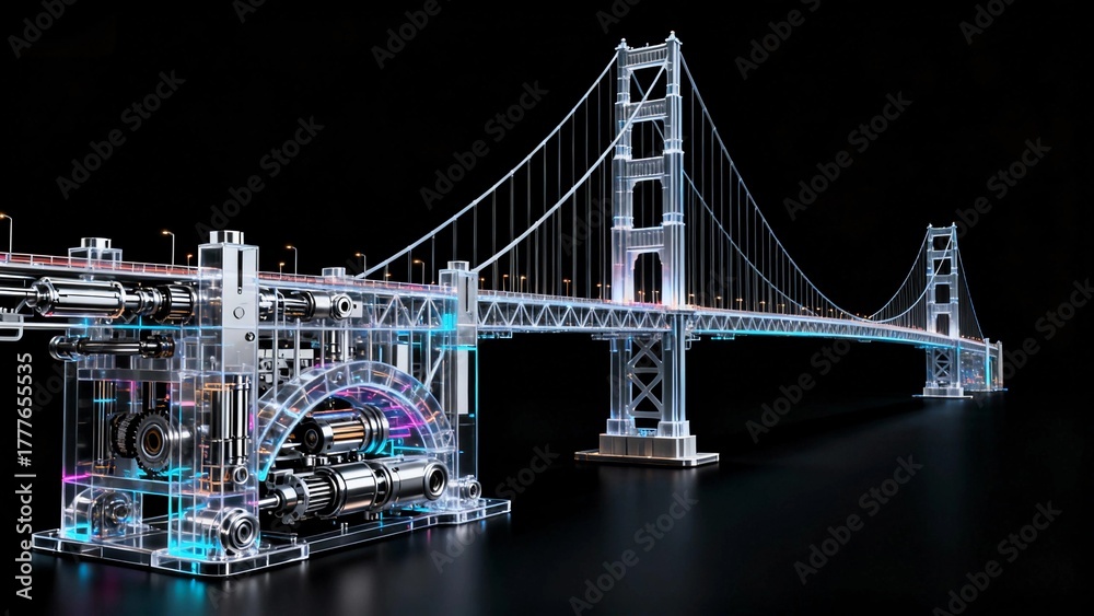 Obraz premium The total architectural style of the San Francisco Golden Gate Bridge, which is composed of machine parts