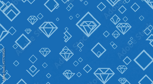 A vibrant blue background features a seamless pattern of light blue outlined and solid diamond shapes