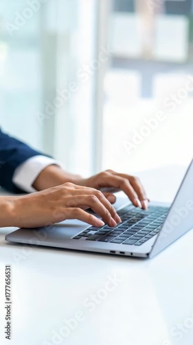 Person typing on a laptop keyboard, seated at a desk in bright workspace, working or studying on a computer in a professional setting.