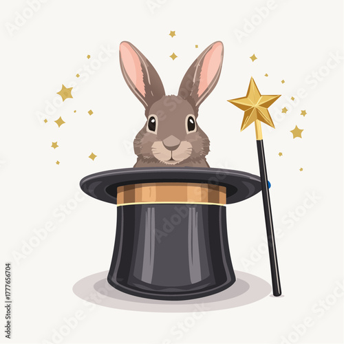 Magie, un lapin dans un chapeau de magicien et une baguette magique, isolé sur fond blanc 