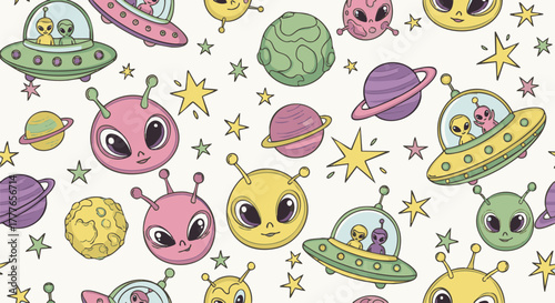 A whimsical and colorful cartoon pattern featuring adorable aliens, flying saucers, planets, and stars against a light background