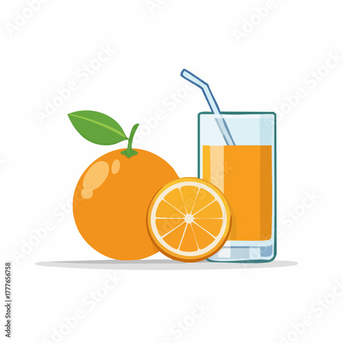 Verre de jus d'orange, orange entière, orange coupée, le plein de vitamines C ! Isolé sur fond blanc
