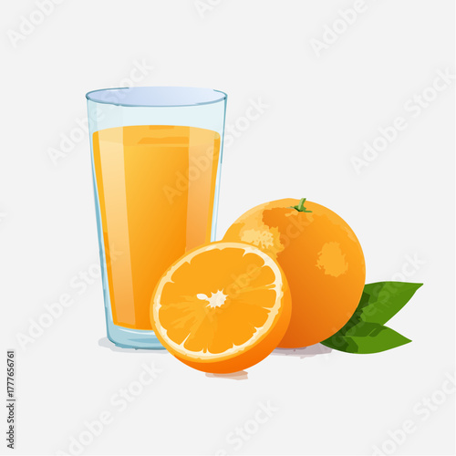 Verre de jus d'orange, orange entière, orange coupée, le plein de vitamines C ! Isolé sur fond blanc