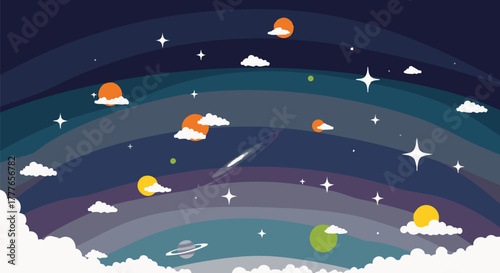 A whimsical cartoon illustration of a colorful galaxy with planets, stars, and clouds