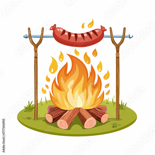 Joli petit feu de camp, avec une saucisse en train de griller sur une broche