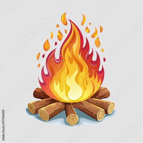 Joli petit feu de camp flammes imposantes, rouge orangée, isolé sur fond blanc