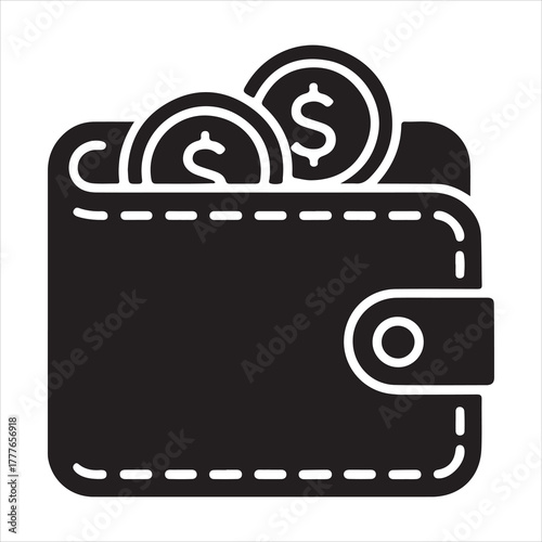 Black wallet with coins vector icon representing banking, payment, wealth management, and money saving concept