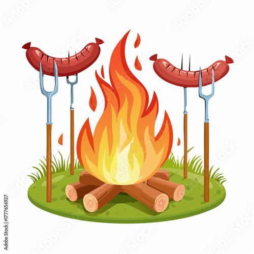 Joli petit feu de camp, avec une saucisse en train de griller sur une broche