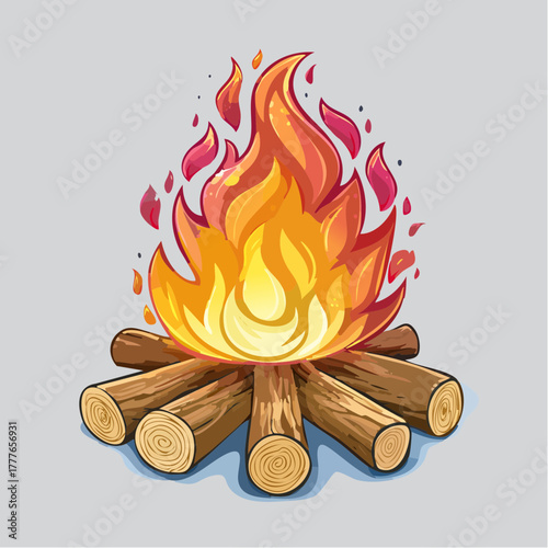 Joli petit feu de camp flammes imposantes, rouge orangée, isolé sur fond blanc