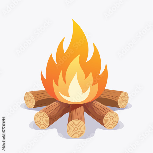 Joli petit feu de camp flammes imposantes, rouge orangée, isolé sur fond blanc