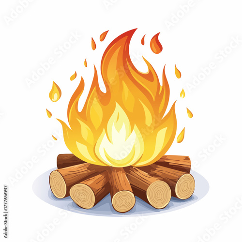 Joli petit feu de camp flammes imposantes, rouge orangée, isolé sur fond blanc