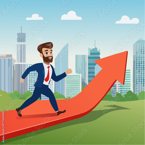 Un homme d'affaire qui court le long d'une courbe graphique rouge ascendante en forme de flèche, en arrière plan une ville moderne constituée de gratte-ciels, concept hausse, tendance, croissance